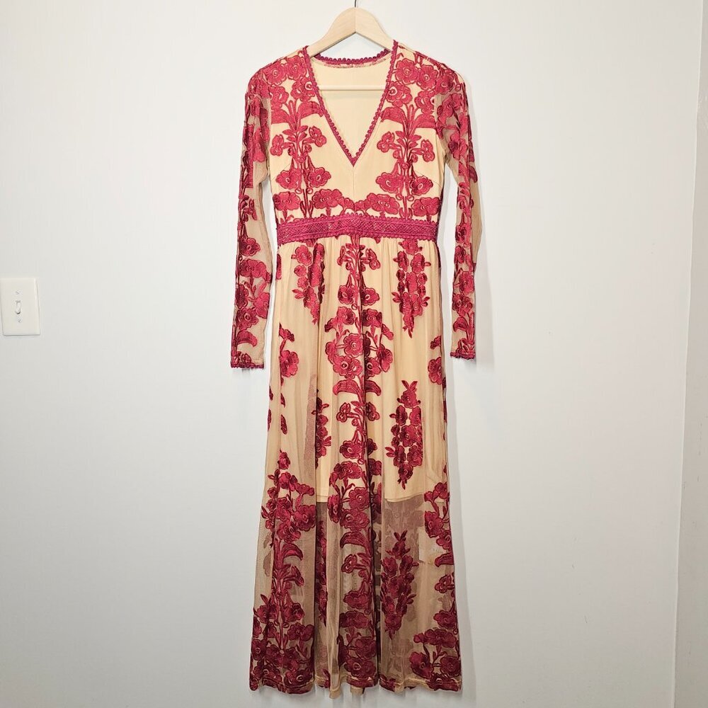 Chicwish Size XS V-neck floral embroidered mesh maxi dress wine red - Picture 2 of 15